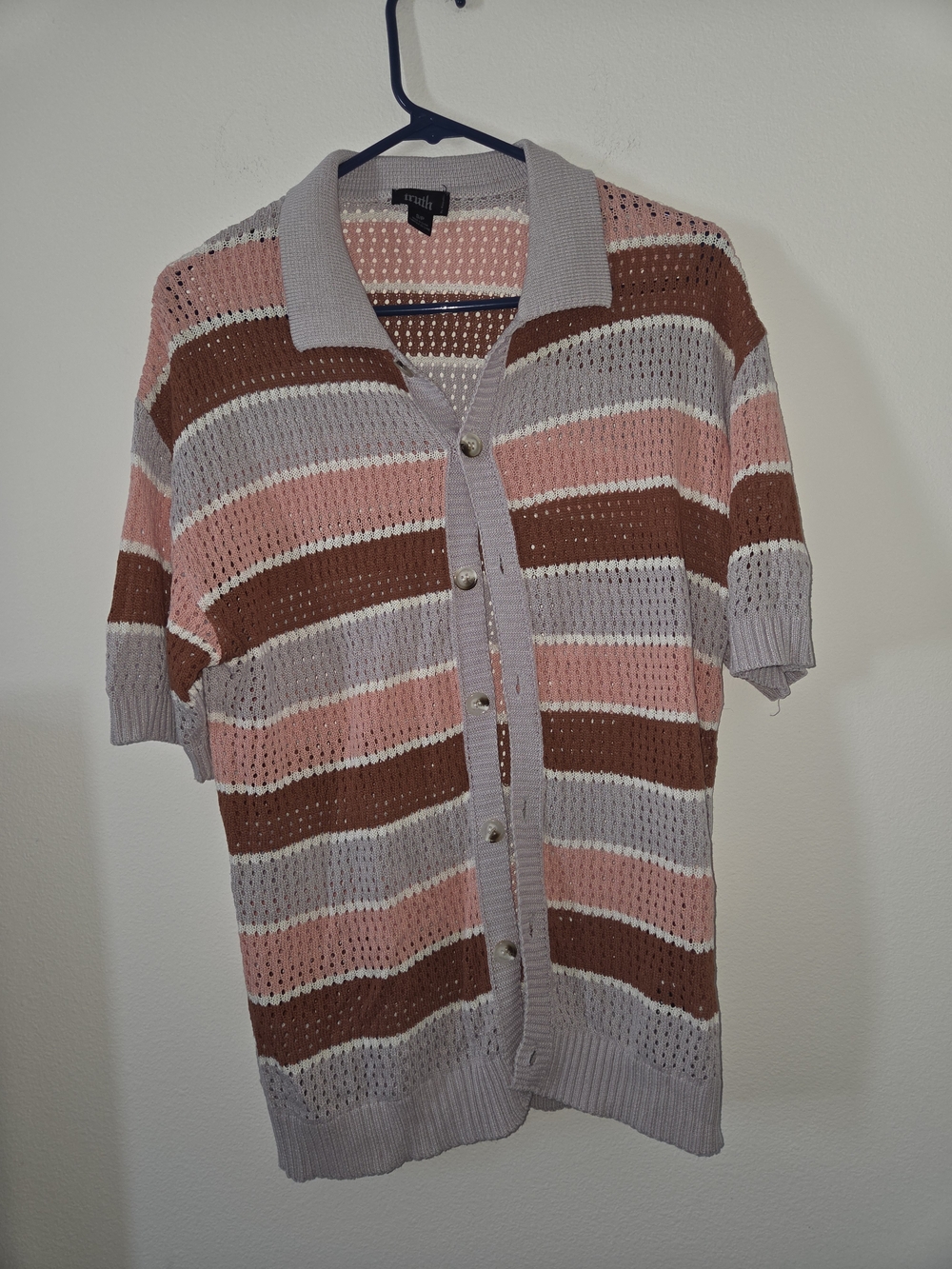 Short-Sleeve Striped Knit Cardigan in Pink, Brown & Gray
